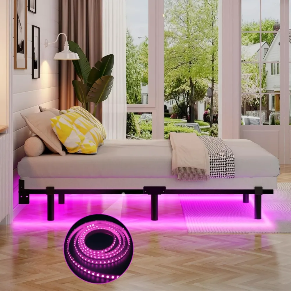 إطار سرير معدني بحجم كوين مع إضاءة LED، طراز أساسي 7 بوصة، دعم قوي 9 أرجل لربيع الصندوق والمرتبة، تشغيل هادئ