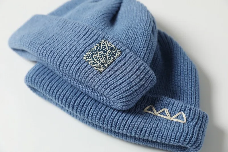 Original Design Handmade Blue-dyed Knitted Cold Cap with Japanese-style Patch Melon-shaped Cap for Men and Women