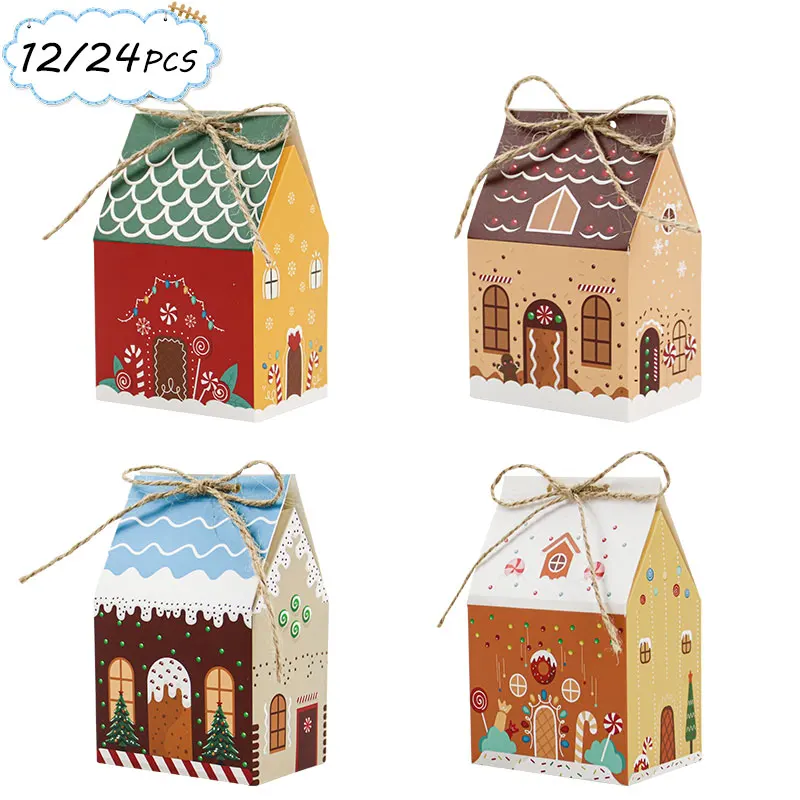 12/24 Stück Mini-Lebkuchenhaus-Weihnachtsboxen, niedliche hausförmige Geschenkboxen für Weihnachten mit Kordel für Feiertagspartybedarf