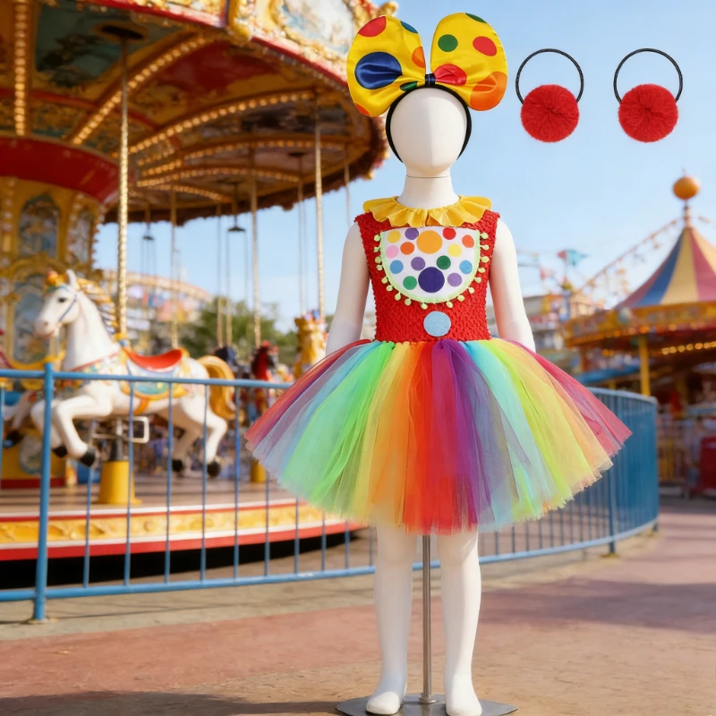 Rainbow Circus Clown Clothes for Girls New Years Party Outfit Joker Clothes with Nose for Kids Christmas Halloween Fancy Dress