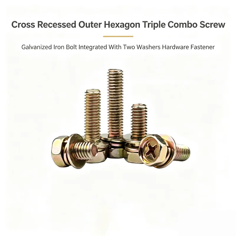 Cross Recessed Outer Hexagon Triple Combo Screw, Galvanized Iron Bolt Integrated With Two Washers Hardware Fastener