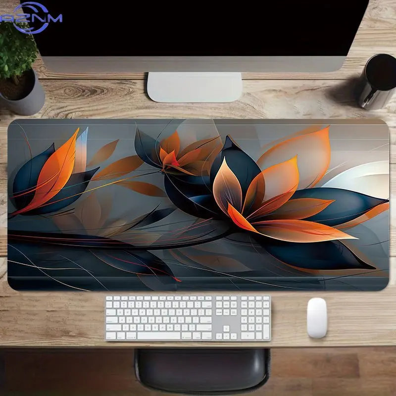 1pc Abstract Orange Black for Lotus Design Mouse Pad  cm, Extended Floral Pattern Desk Mat, Large Size Non-Slip Desk Pad, Precis