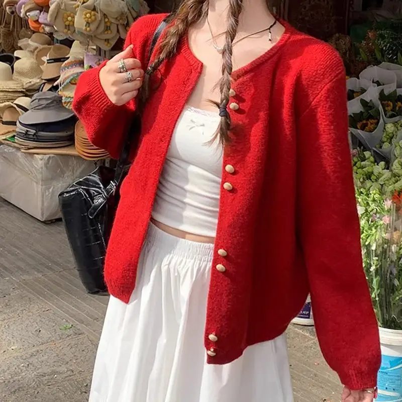 

Encore Red Knit Cardigan Shawl Dopamine Festive Round Neck Single Bretted Long Sleeve Sweater Jacket