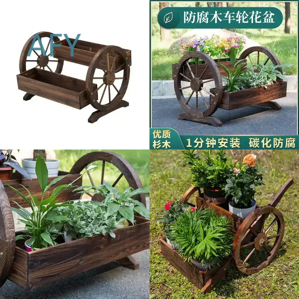 for garden courtyard potted plant balcony anti-corrosion wooden wheel pot flower slot box planter container outdoor decor