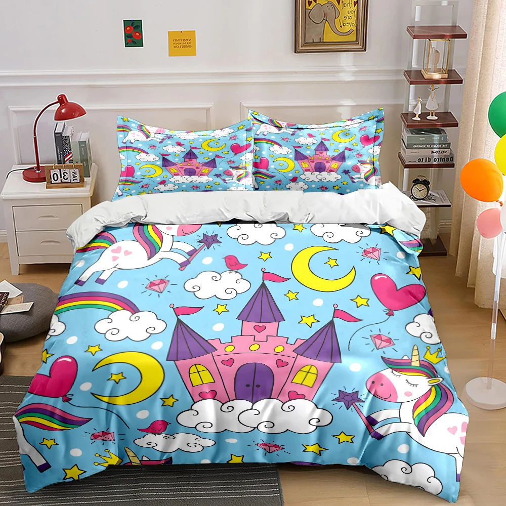 Magical castle with rainbow unicorn Print Bedding Set 1 Duvet Cover 2 Pillowcases for Adult and Children Luxury Gift Full Size