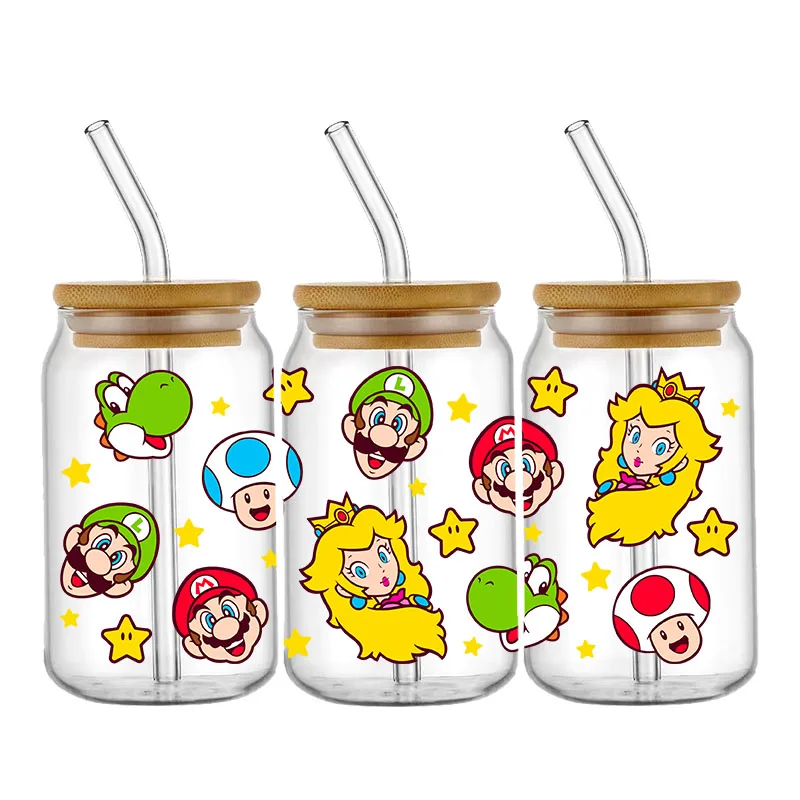 Bonito Mario UV DTF Cup Wrap Transfer Sticker, Impermeável Transfere Decalques para 16OZ Vidro De Café, DIY Wrap Adesivos