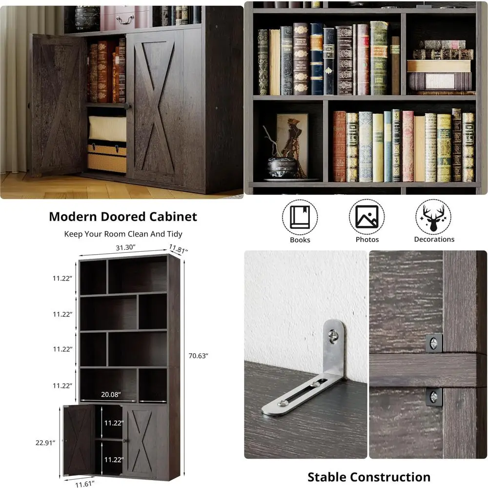 Stylish Tall Bookshelf with 8 Cubes, Door-Cabinet Combo for Home & Office Storage