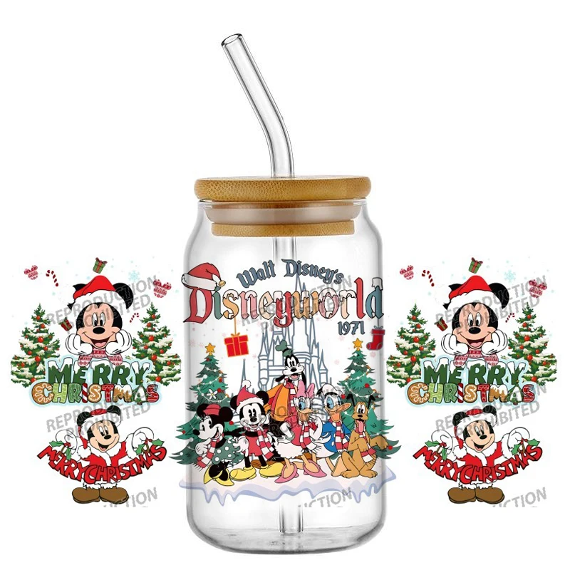 Miniso UV DTF Transfer Aufkleber Mickey Family Weihnachtsmuster Wasserfeste Aufkleber für 16oz Glasbecher Wickelaufkleber