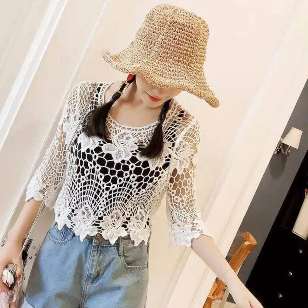 Stylish Women Shirt Half Sleeve Jacquard Cutout Blouse Embroidery Floral Lace Cover Up Short Summer Knitted Hollow Pullover Tops