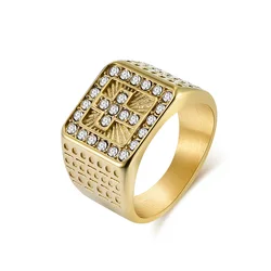 Hot Selling Luxury Gold Plated Chunky Rings Lord Prayer CZ Cross Stainless Steel Signet Rings for Men
