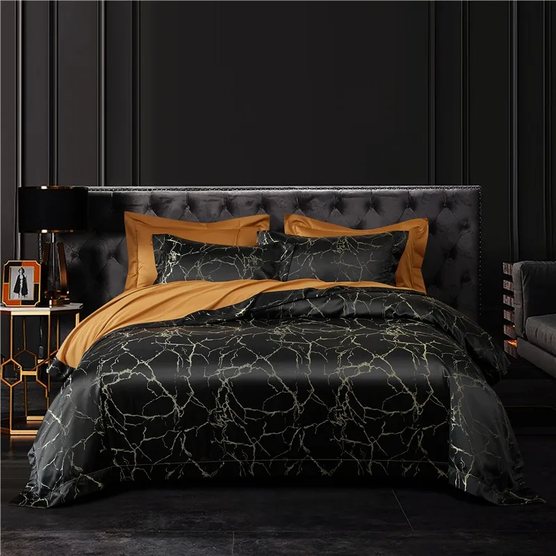 4/6Pcs Luxury Satin Black/Golden Duvet Cover Bed Sheet Set Silky Soft Chic Marble Jacquard Wrinkle Free Super King Bedding Sets