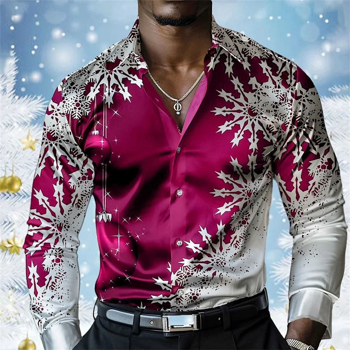 Men's Long Sleeved Shirt, Snowflake 3D Pattern, Lapel Button Cardigan, Comfortable Soft Fabric Top, Social Christmas Parties