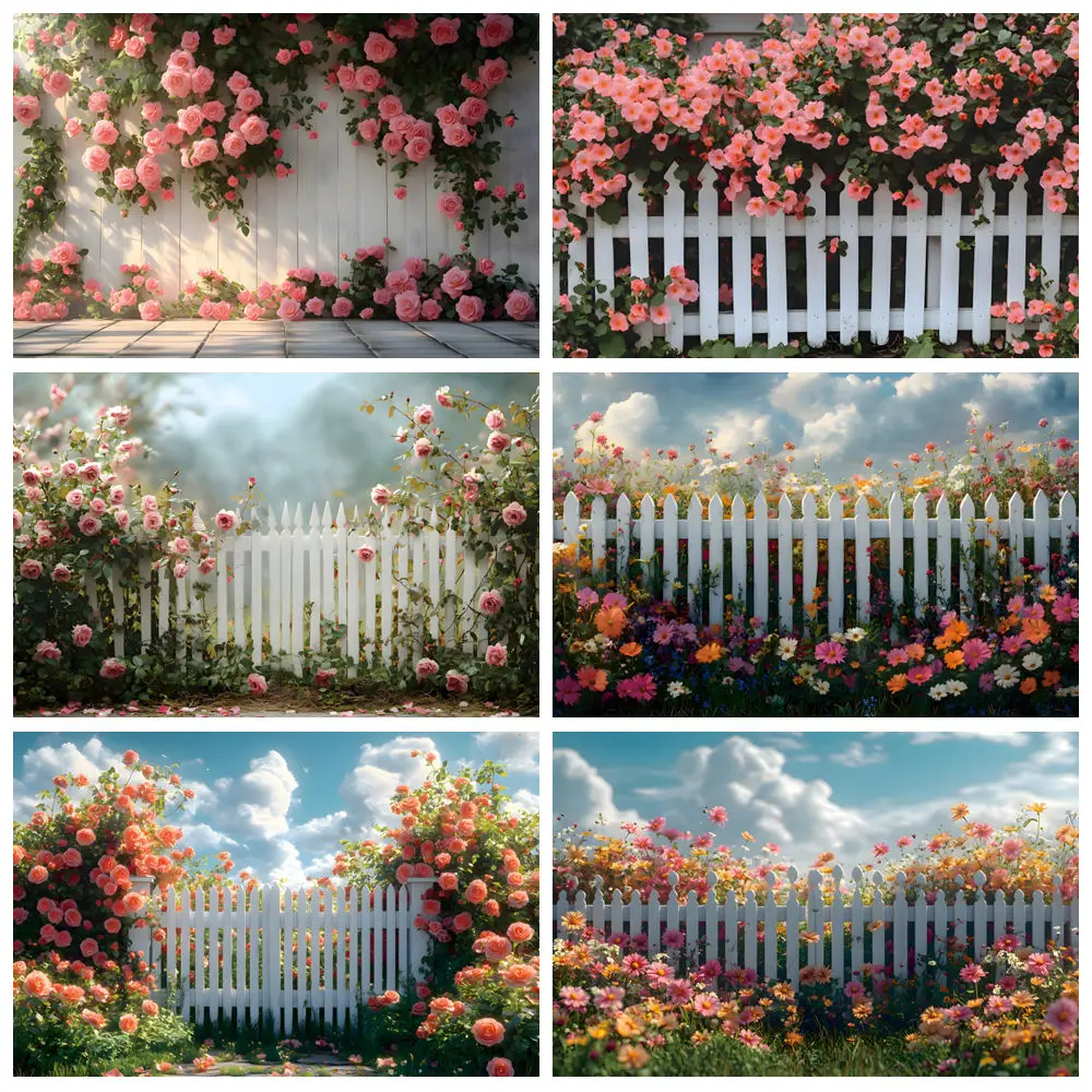 

Spring Garden Flower Photography Backdrop Green Grass Flower Wall Fence Baby Birthday Wedding Decor Background Photo Studio Prop