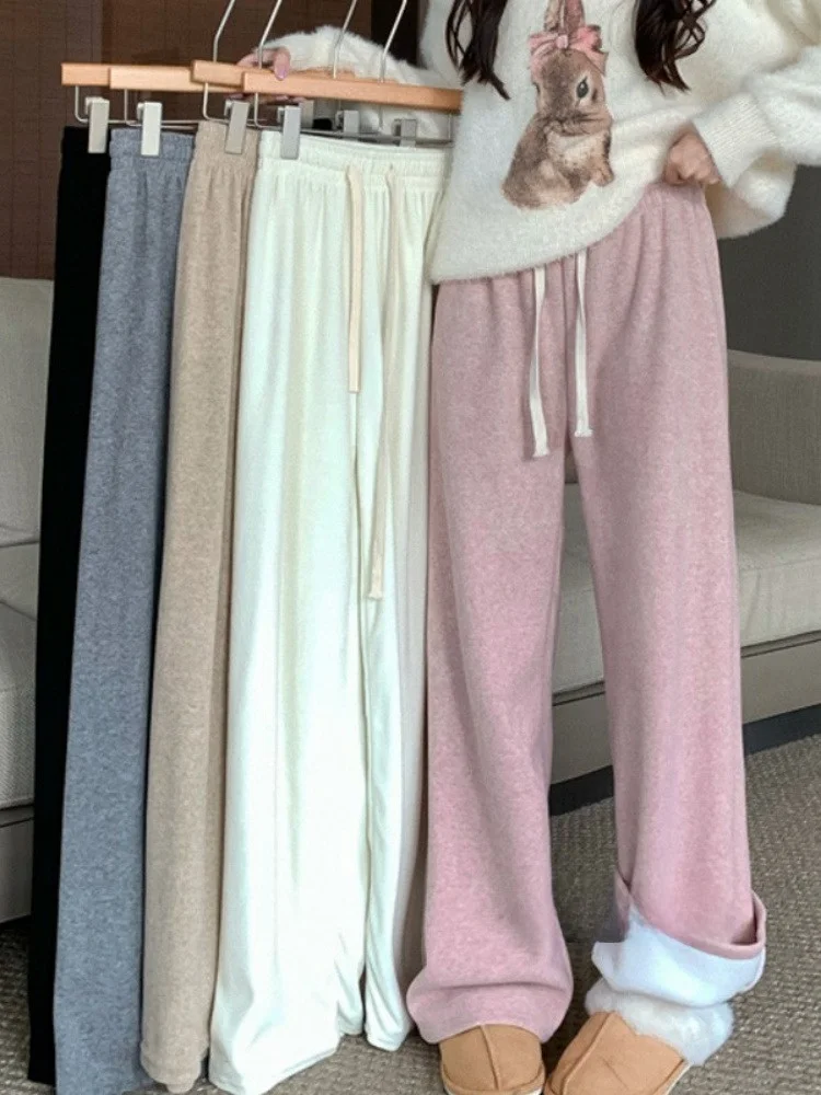 

Корейские драпированные широкие брюки с высокой талией, женские розовые повседневные брюки, длинные брюки прямого кроя, брюки длиной до пола