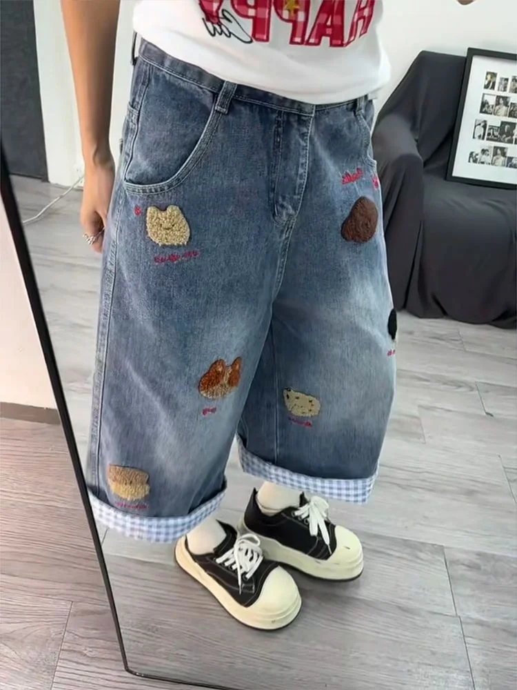 American Style Cartoon Embroidery Cuffed Plaid Denim Shorts Women Summer New High Waist Slimming Casual Wide Leg Seven Pants