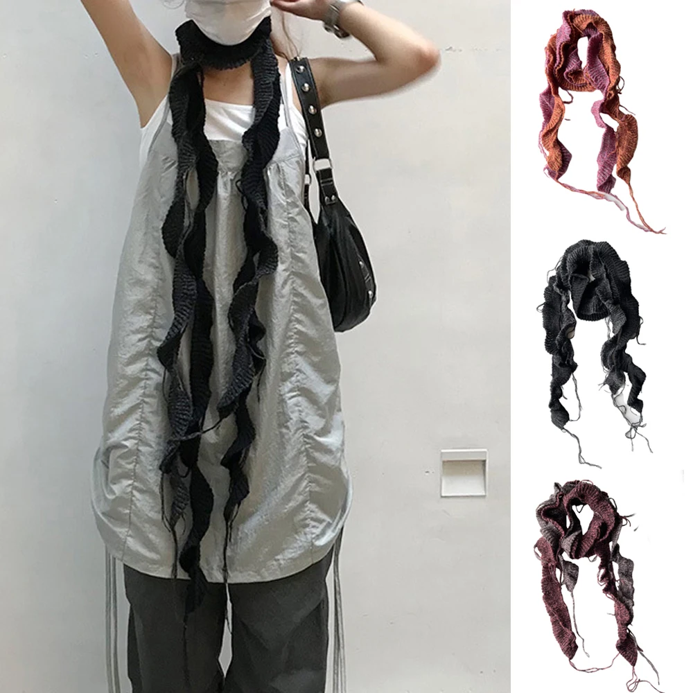 Y2k Girls Ruffle Edge вязаный длинный шарф Harajuku однотонный тонкий шарф женский декоративный шарф женский узкий шарф с кисточками