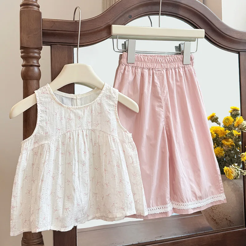 Girls 2026 Summer New Pure Cotton Small Wing Vest Set Baby Girl Lace Casual Pants Childrens Fashion Trendy Clothing