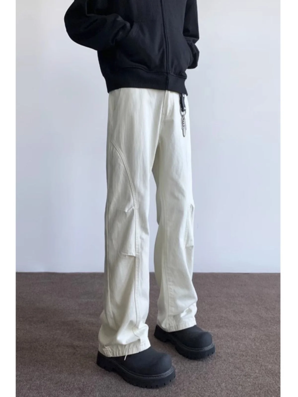 

American High Street Vibe Straight Leg Folded Beige Jeans Men's Casual Workwear Trousers Youth Trendy Wear Resistant