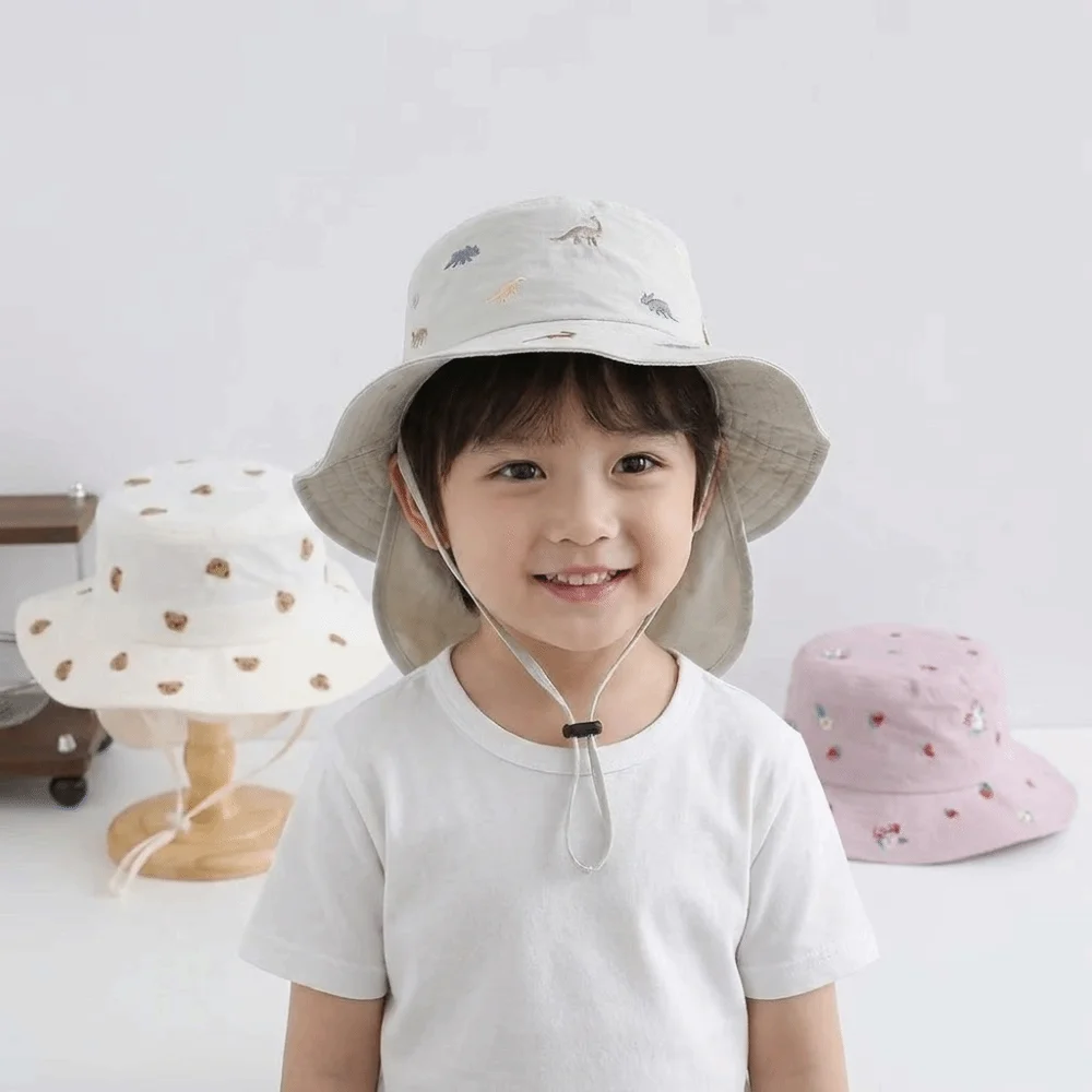 Polyester Children Sun Hat Broad Brim Embroidery Design Panama Cap Cartoon Print Neck Protection Quick Drying Bucket Hat