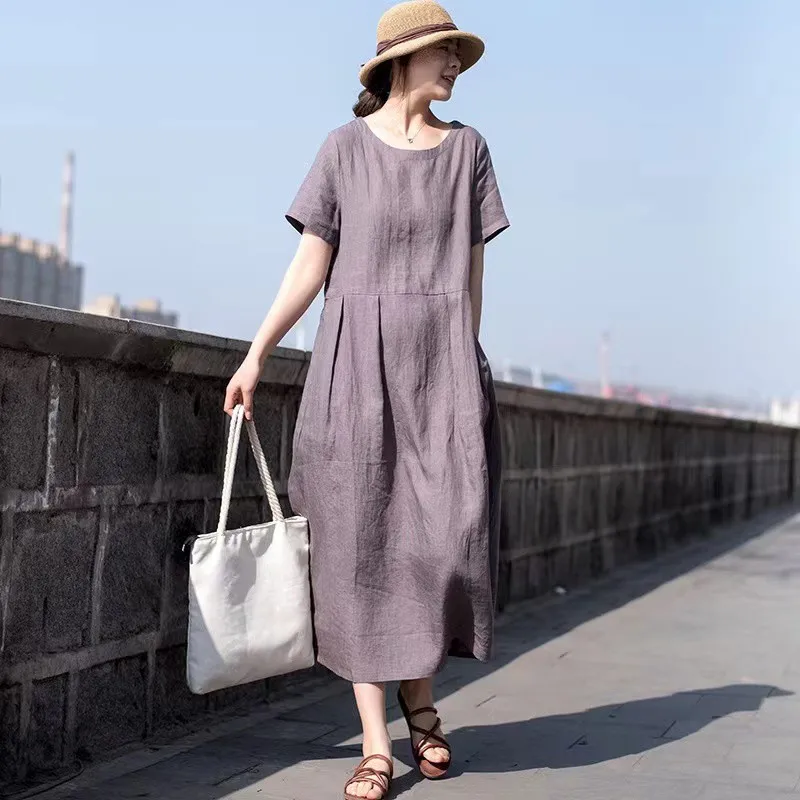 2024 Summer Arts Style Women Short Sleeve Loose O-neck  A-line Long Dress All-matched Casual Cotton Linen vintage Dresses P589