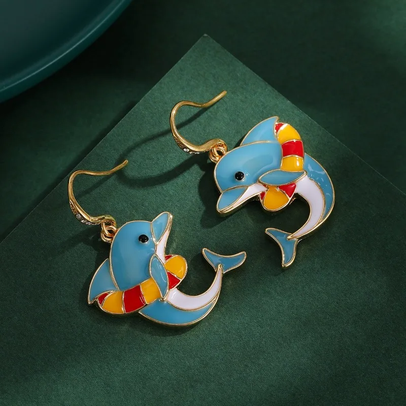 

Handmade Enamel Glazed Swimming Ring Small Dolphin Earrings Blue Whale Earrings Hand-painted Marine Life Cute Cartoon Jewelry