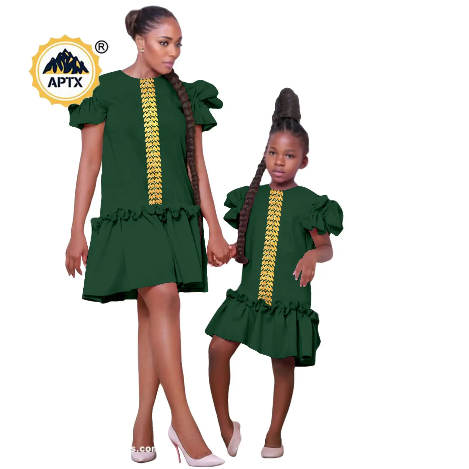 African Appliques Mini Dresses for Women and Girl Dashiki Mom and Daughter Petal SleeveFamily Outfits Dress Outfits 24F034