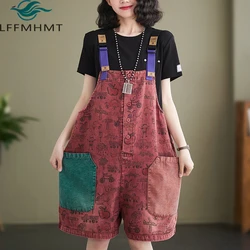 Summer Fashion Cartoon Print Women's Vintage Suspender Denim Playsuits Large Size Patch Pockets Thin Cozy Cargo Overalls Shorts