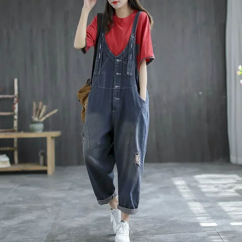 

Pop Denim Jumpsuits For Women Korean Style Vintage Playsuits Wide Leg Pants Loose Trousers Oversized Overalls For Women Clothes