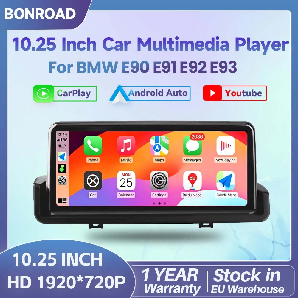 BONROAD Écran de voiture sans fil CarPlay Android Auto Linux de 10,25 pouces pour BMW Série 3 E90 E91 E92 E93 2006-2012, écran tactile avec fonction MirrorLink BT GPS Youtube, prend en charge le lecteur multimédia de caméra