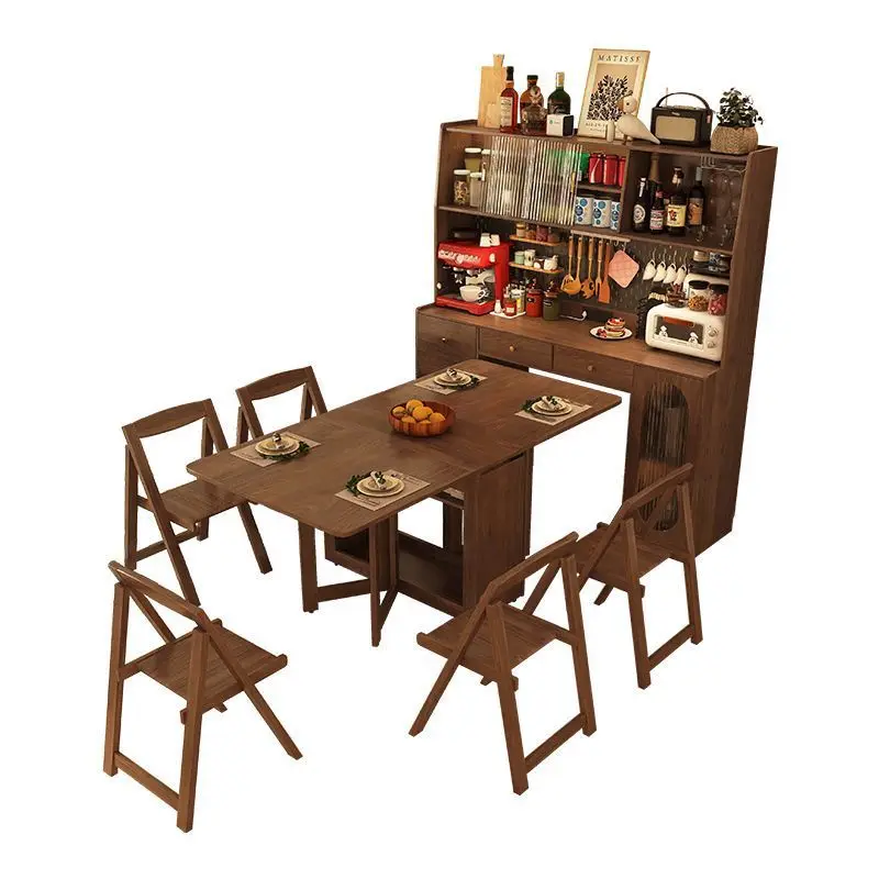 

All solid wood dining side cabinet folding dining table integrated retractable folding mobile