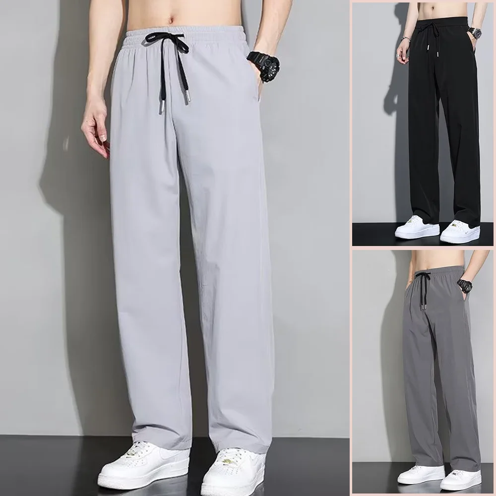 

Мужские брюки из ледяного шелка, черные, серые, тонкие, деловые, повседневные, свободные брюки, большие размеры, уличные эластичные дышащие прямые спортивные штаны