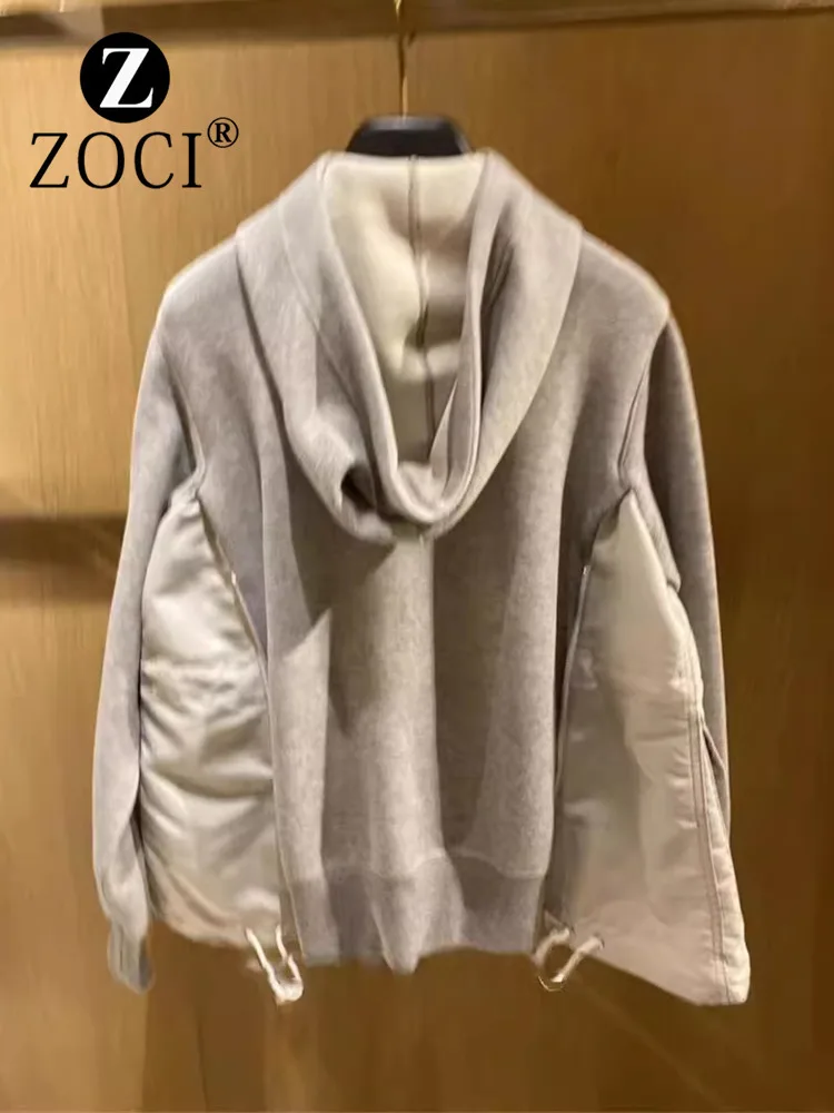 

[ZOCI] 2024 Small Crowd Autumn Winter Style Top Splicing Zipper Warm Sweater Hooded Drawstring Loose Jacket Women