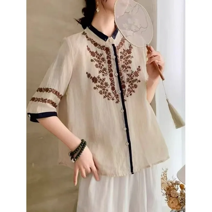 

Retro Embroidered Short Sleeve Shirt Jacket for plus Size Women Spring Summer New Style Age Reduction Loose Fit Commute Style