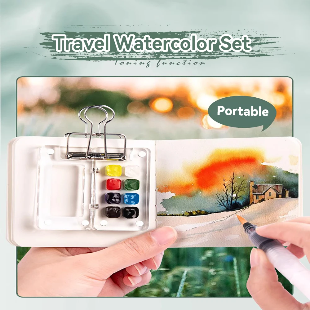 

Portable Travel Watercolor Paint Tray Box 8 grids Mini Empty Watercolor Paint Box Palette Sketchbook Set Student Art Supplies