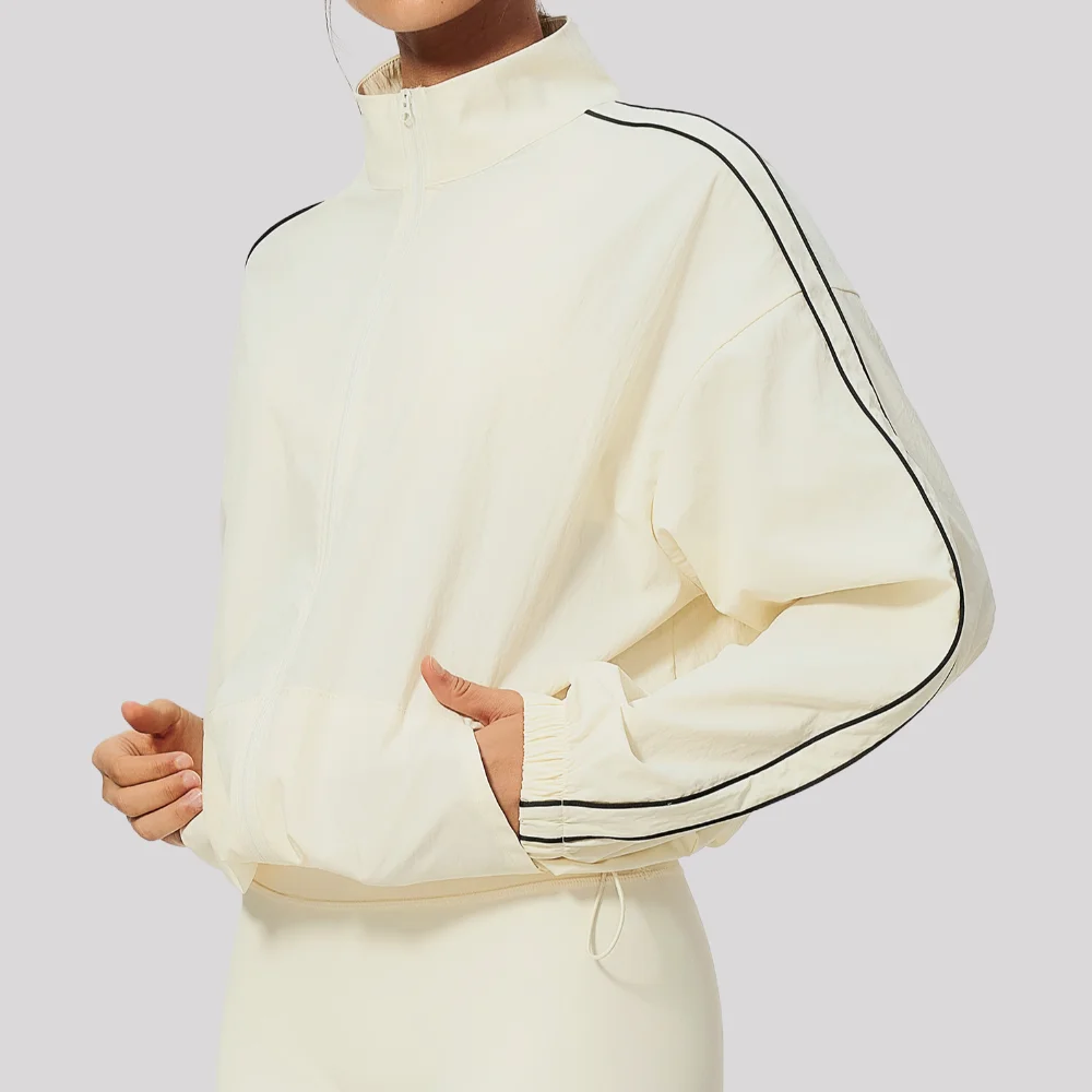 Sports Jacket Women's Contrasting Color Stand Up Collar Zipper Sports Long Sleeved Top Quick Drying Breathable Fitness Jacket