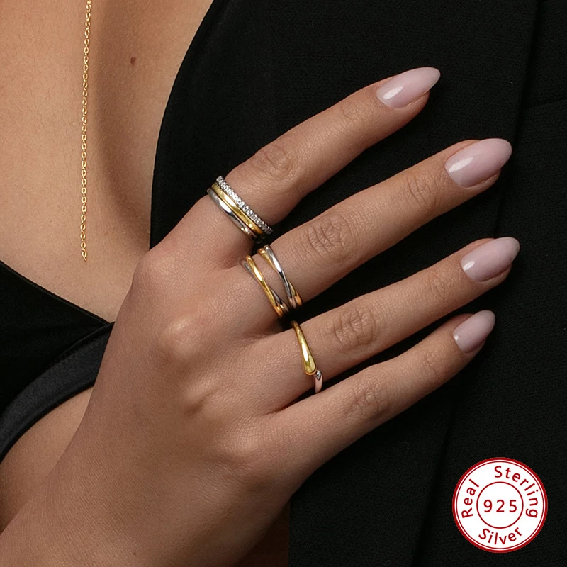 

925 Sterling Silver Original Certificate Two Tone Interlocking Band Ring For Women Fine Stackable Jewelry