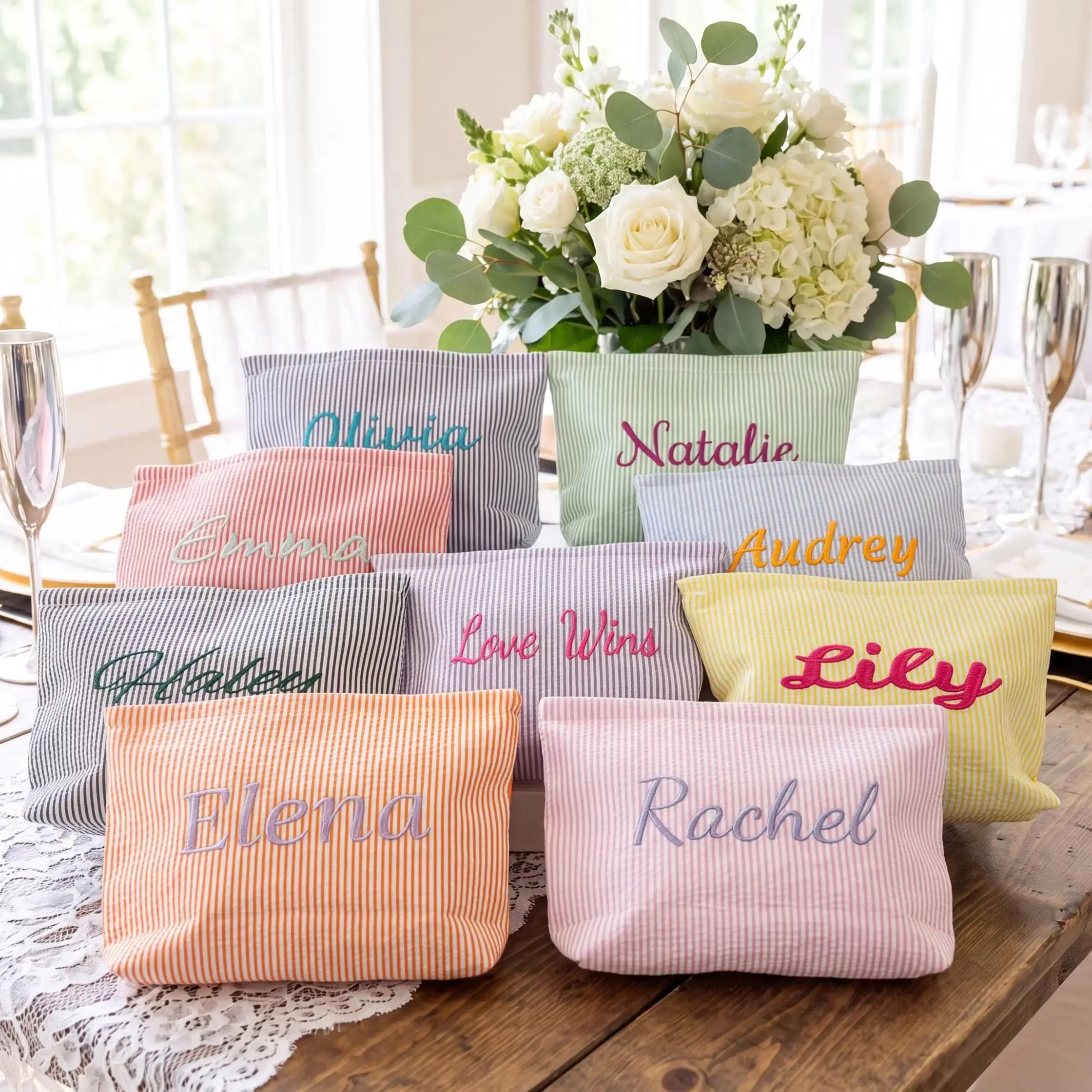 Personalized Seersucker Cosmetic Bag Embroidere Name Makeup Pouch Picnic Travel Toiletry Bag Bridesmaid Cottagecore Gift for Her
