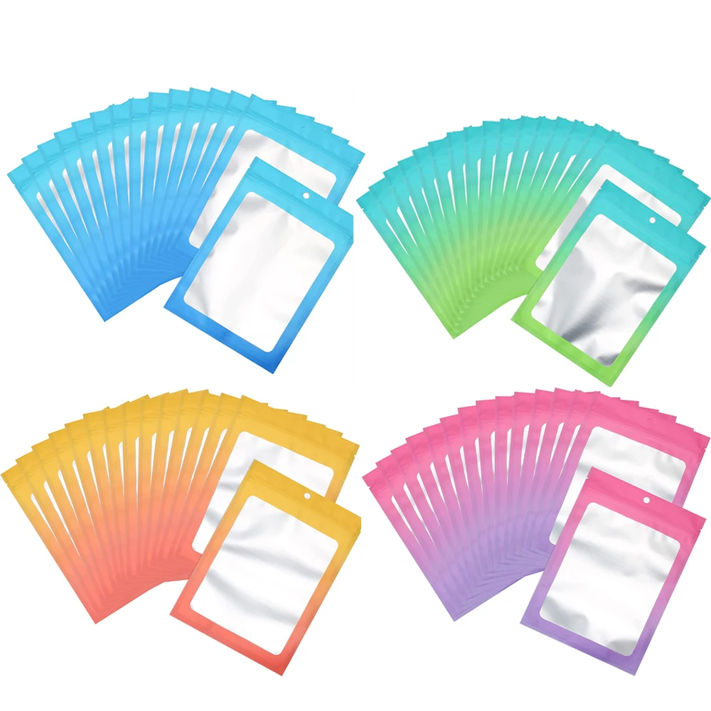 50Pcs Gradient Rainbow Color Ziplock Bags with Clear Window Thicken Plastic Resealable Pouch for DIY Jewelry Display Packaging