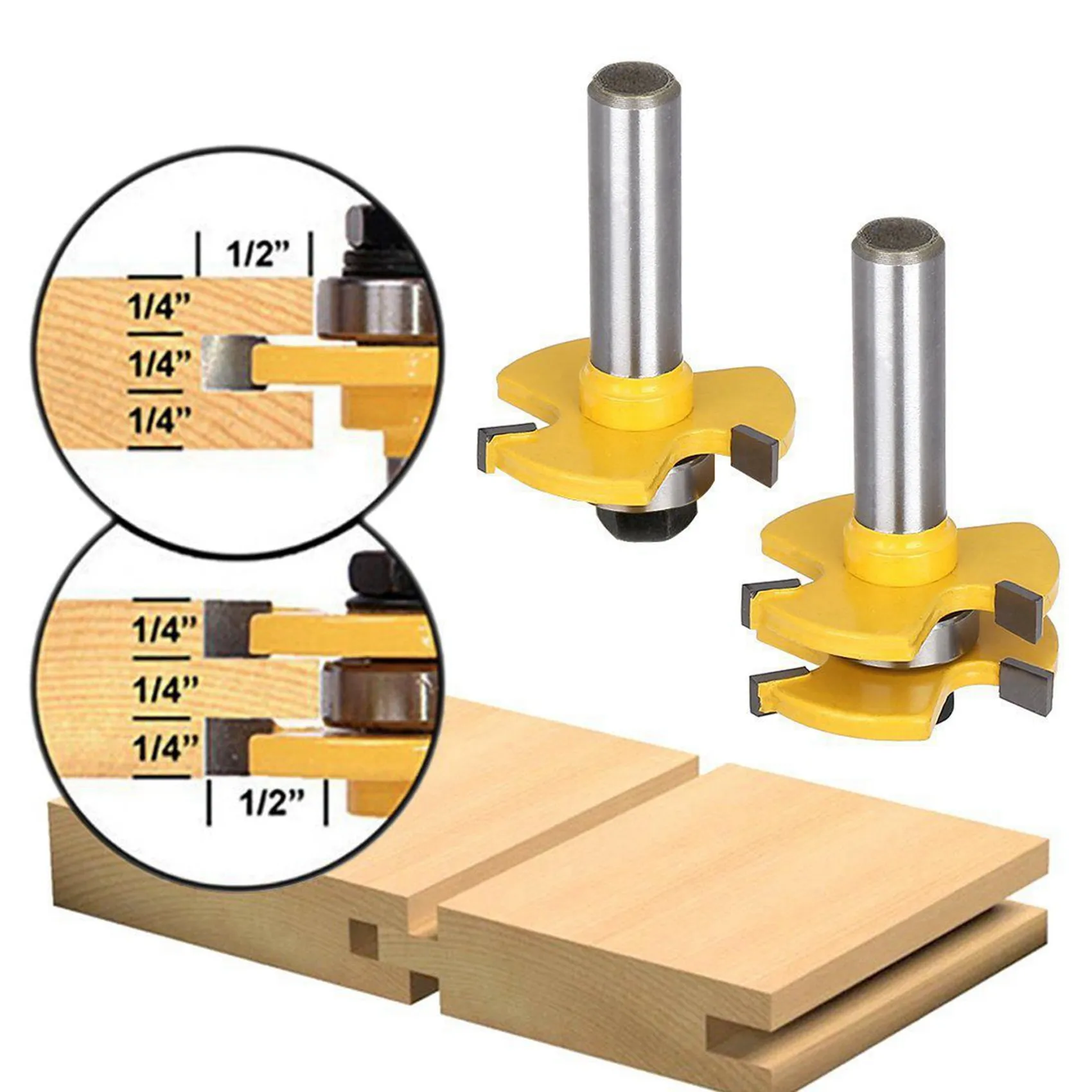 A84X-Tongue And Groove Set,Router Bit Set,Wood Door Flooring 3 Teeth Adjustable,1/2 Inch Shank T Shape Woodworking Tool(4Pcs)