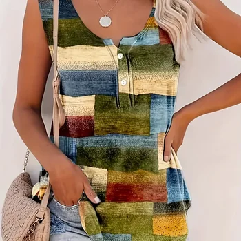 플러스 사이즈 기하학 프린트 민소매 탱크 탑 및 캐미스, 단추 디테일 폴리에스테르 크루넥 조끼, 여성용 캐주얼 니트 파브리