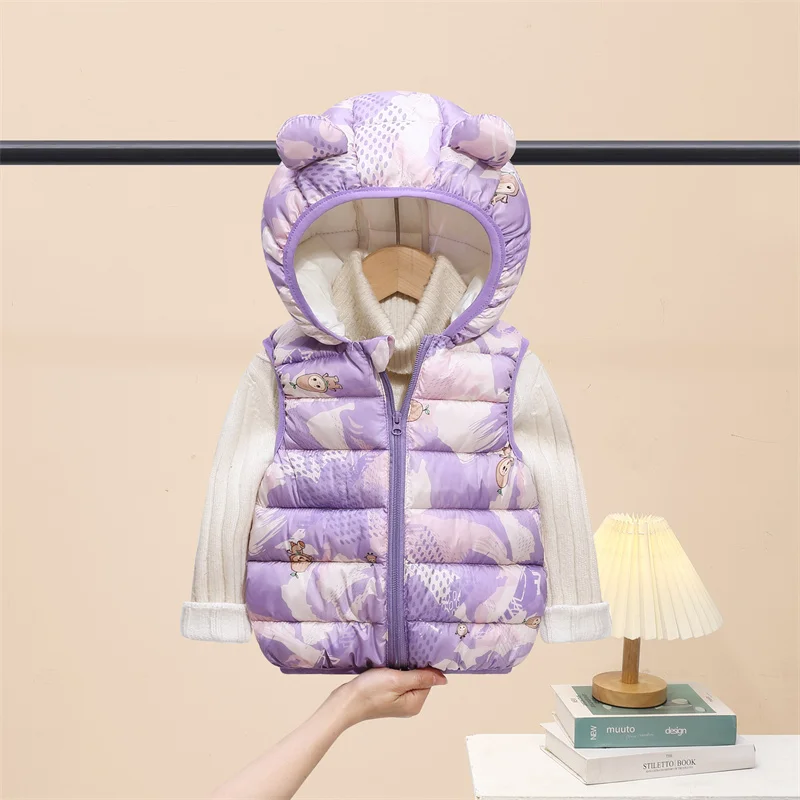 الفتيان الفتيات أسفل سترة 2025 جديد الاطفال شتاء دافئ مطبوعة صدرية آذان الطفل مقنعين ملابس خارجية الأطفال الخريف ملابس كاجوال 1-5Y