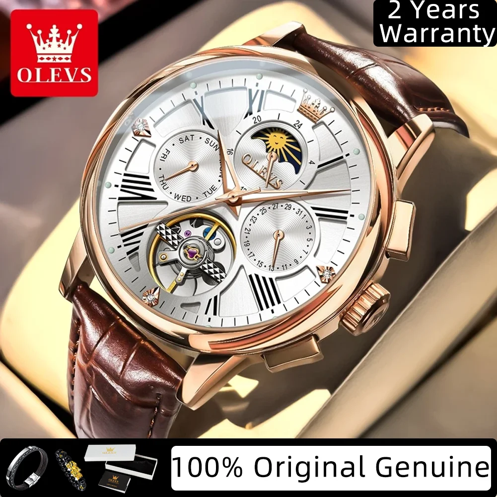 

OLEVS мужские часы модный кожаный ремешок фаза Луны полый маховик автоматические механические наручные часы с римской шкалой мужские часы 9912
