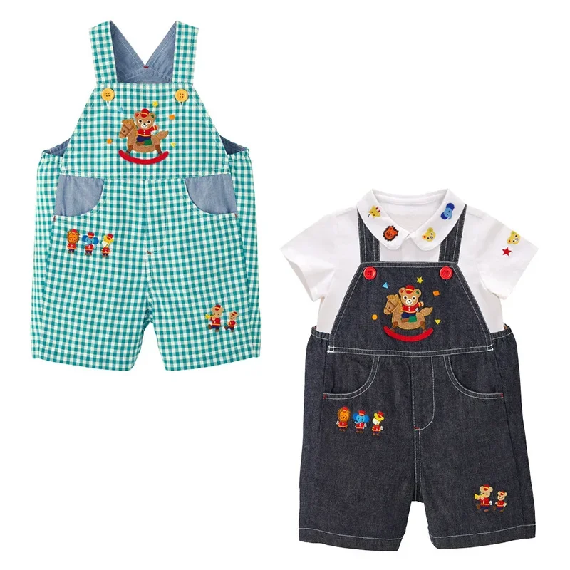 New Japanese Children's Overalls Casual Pants Cartoon Trojans Bears Embroidered Straps Shorts Jeans Boys Clothes Pantalones