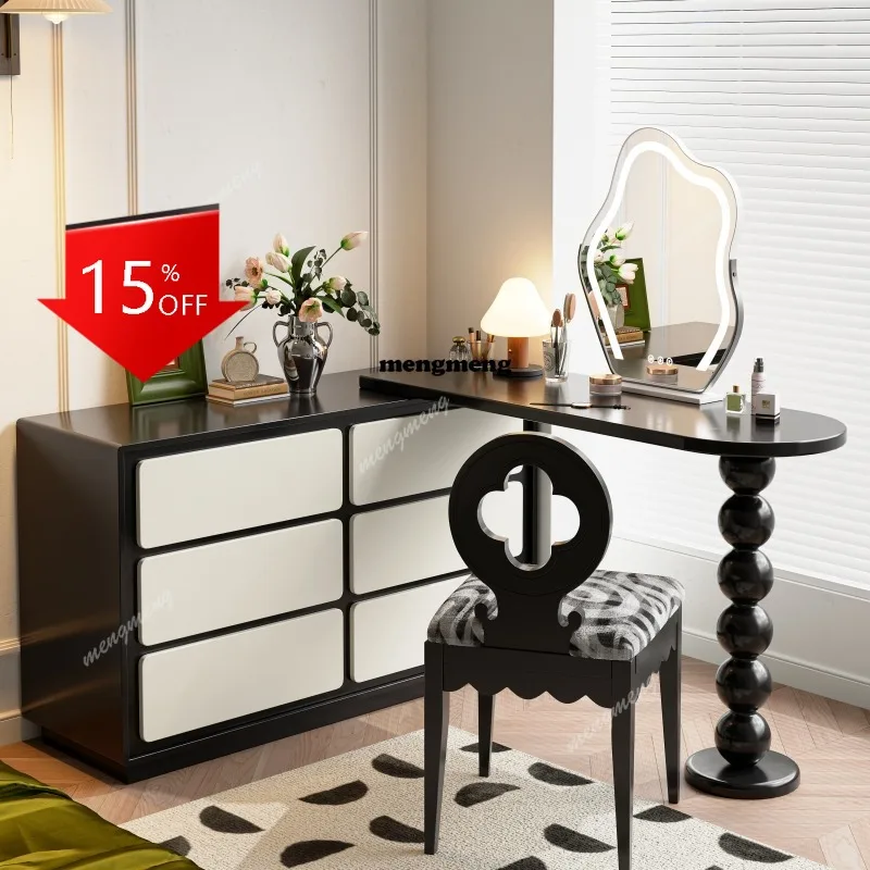 

01A Французский ретро-комод, черная прикроватная тумбочка, угловой стол, встроенный выдвижной туалетный столик из массива дерева.