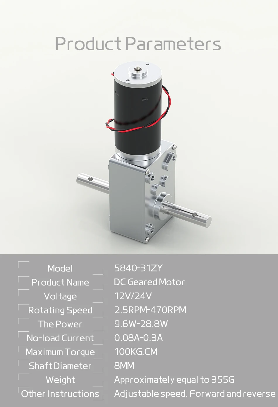 Bringsmart 12V Doppelwellen-Gleichstrommotor mit Schneckengetriebe, hohes Drehmoment 70KG.CM, 24 Volt Motor mit D-Welle, Schneckenreduzierer, reversierbar – Detail 16