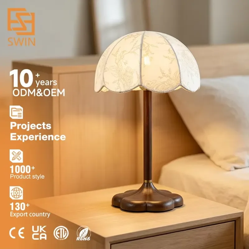 Modern Wooden Table Lamp Rechargeable Fabric Shade Bedside Night Light for Bedroom Dining Room Atmosphere Decor High End