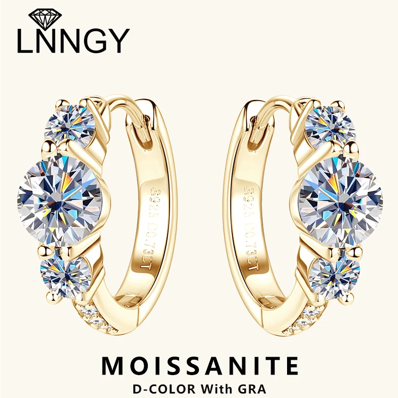 Lnngy Three Stone Moissanite Earring Original 925 Sterling Silver Hoops Earring For Women Girls Lab Created Diamond Jewelry Gift