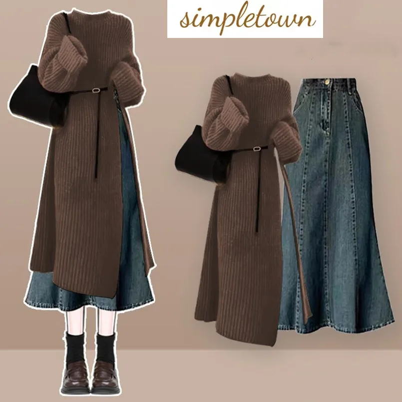 

Autumn and Winter New Korean Round Neck Knitted Sweater+slim Fit Denim Skirt Two-piece Set