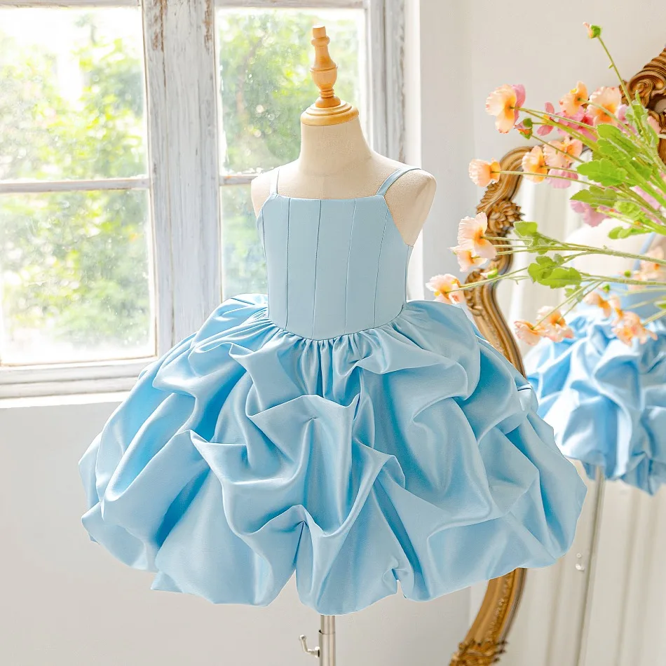 New Girls Blue Fluffy Sling Dress Children Princess Dresses Girls Suspender Party Dresses Birthday Party Costumes ASQ03