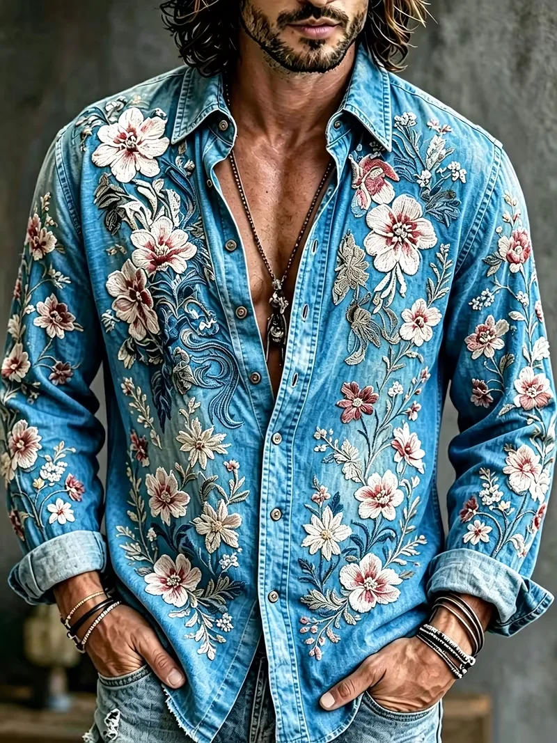 New vintage oil painting hot air balloon dragonfly landscape printed shirt Bohemian men's long sleeved shirt
